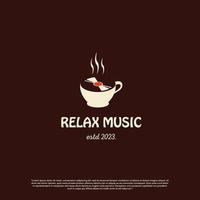 relax music logo design, coffee music logo icon, vinyl disc cassette combine with a cup coffee logo concept vector