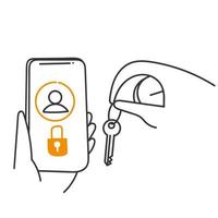 hand drawn doodle person carry key to open locked account on phone vector