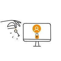 hand drawn doodle person carry key to open locked account on computer vector