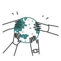 hand drawn doodle Hands of diverse people on globe symbol for global team illustration vector