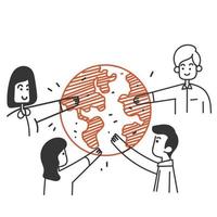 hand drawn doodle Hands of diverse people on globe symbol for global team illustration vector