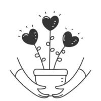 hand drawn doodle Hands holding houseplant with hearts as flowers vector
