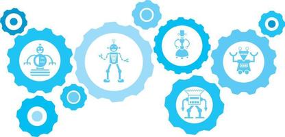 Robot, icon, technology blue gear set. Abstract background with connected gears and icons for logistic, service, shipping, distribution, transport, market, communicate concepts on white background vector