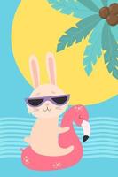 Summer Cute bunny in sunglasses on flamingo waterproof rubber ring. Vector illustration. Tropical poster with character hare beach tourist For design, print, postcards, flyer, cards.