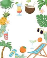 Vector summer beach vacation invitation card design template with drinks, sunglasses and etc. Isolated on white background. Holiday illustration for banner, flyer, invitation, poster.