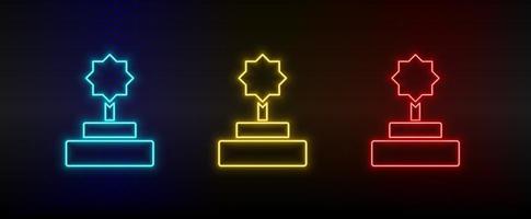 Neon icon set award, champion. Set of red, blue, yellow neon vector icon on dark transparent background