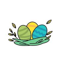 three easter eggs, yellow, green and blue in color lying in a nest flat vector illustration.