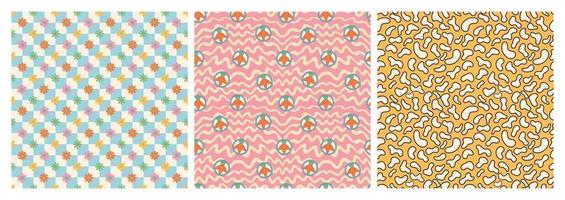 Groovy hippie Happy Easter seamless pattern set. Easter backgrounds in trendy retro 60s 70s cartoon style. vector