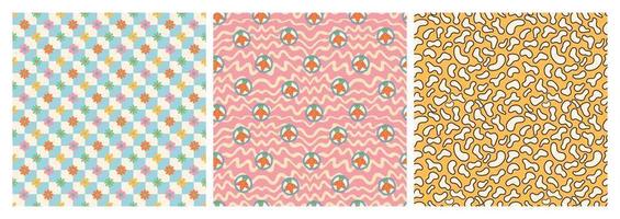 Groovy hippie Happy Easter seamless pattern set. Easter backgrounds in trendy retro 60s 70s cartoon style. vector