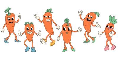 Groovy hippie Happy Easter characters. Set of Easter carrot in trendy retro 60s 70s cartoon style. vector