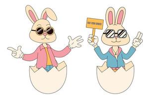 Groovy hippie Happy Easter characters. Set of Easter bunnies in trendy retro 60s 70s cartoon style. vector