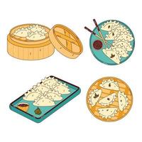 Traditional Japanese food. Asian dumplings in bamboo steamer basket. Vector illistration