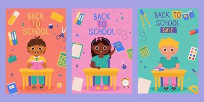 Set of Back to school banner design with colorful funny school character, education items. Colorful back to school templates for invitation, poster, banner, promotion,sale etc. vector