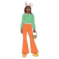 Groovy hippie Happy Easter character. Girl with rabbit ears in trendy retro 60s 70s cartoon style. vector