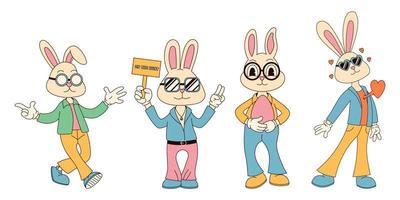 Groovy hippie Happy Easter characters. Set of Easter bunnies in trendy retro 60s 70s cartoon style. vector