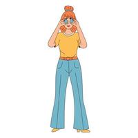 Groovy hippie Happy Easter character. Girl holds Easter eggs in trendy retro 60s 70s cartoon style. vector