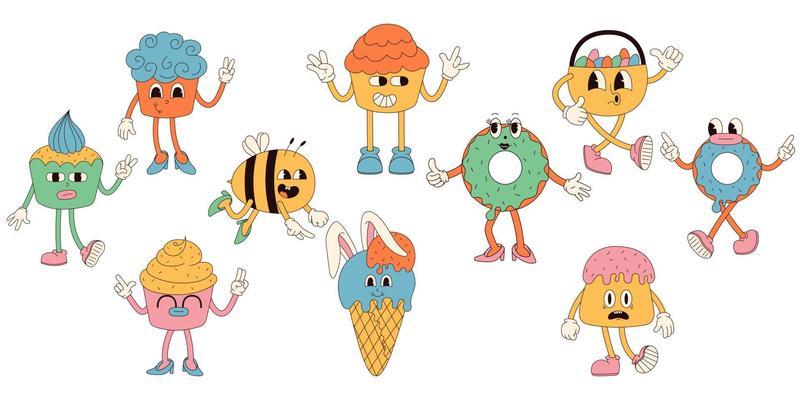 Groovy hippie Happy Easter characters. Easter bun, bee, ice cream, basket with eggs in trendy retro 60s 70s cartoon style.