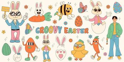 Groovy hippie Happy Easter set. Easter bunny, eggs, butterflies, cupcakes, chickens. Set of cartoon characters and elements in trendy retro 60s 70s cartoon style. vector