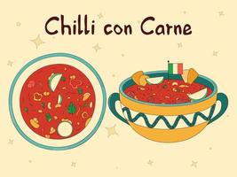 Mexican traditional food. Chilli con Carne. Vector illustration in hand drawn style