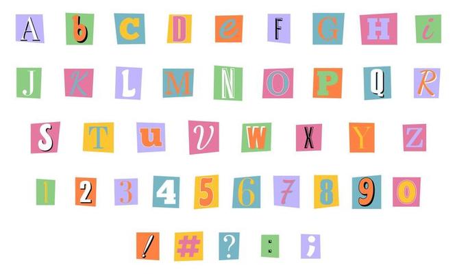 Anonymous criminal letters, numbers and punctuation cut from magazines. Clipping alphabet in trendy 90s, 00s psychedelic style. Y2K aesthetic.