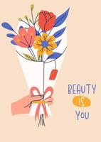 8 march, International Women's Day. Greeting card or postcard templates with bouquet of flowers for card, poster, flyer. Girl power, feminism, sisterhood concept. vector