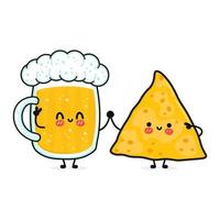 lindo, divertido y feliz vaso de cerveza y nachos. personajes kawaii de dibujos animados dibujados a mano vectorial, icono de ilustración. caricatura divertida vaso de cerveza y nachos mascota concepto de amigos