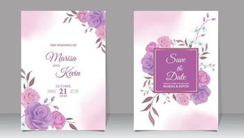 Luxury wedding invitation with purple flowers and watercolor background vector