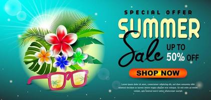 summer sale and leaves with orchid flowers on sunglasses vector