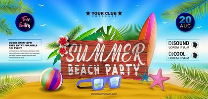 Summer beach party banner flyer design with sunglasses and beach ball on tropical island vector