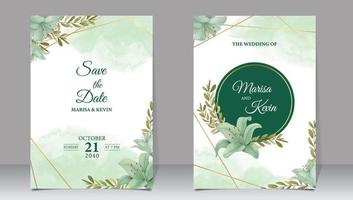 Luxury wedding invitation with green flowers and watercolor background vector