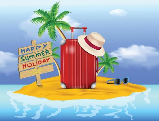 A red suitcase with a sign that says happy summer holiday on it.