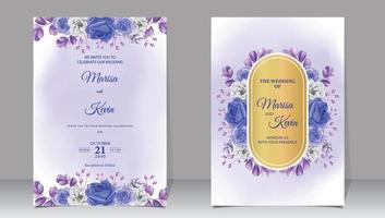 Luxury wedding invitation with blue and white flowers on watercolor background vector