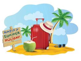 A red suitcase with a hat and sunglasses on it with a palm tree on the beach. vector