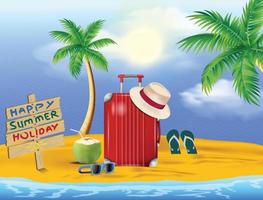 A red suitcase with a hat and sunglasses on it with a palm tree on the beach. vector