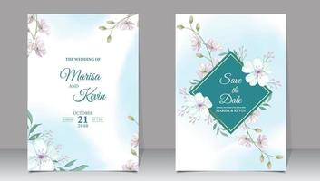 Luxury wedding invitation with white flowers and watercolor background vector