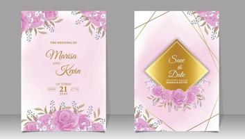 Luxury wedding invitation with pink flowers and watercolor background vector