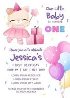 Adorable birthday party invitation template with kitty vector