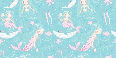 Cute Mermaids and Friends Seamless Pattern vector