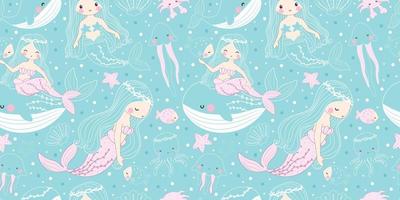 Cute Mermaids and Friends Seamless Pattern vector