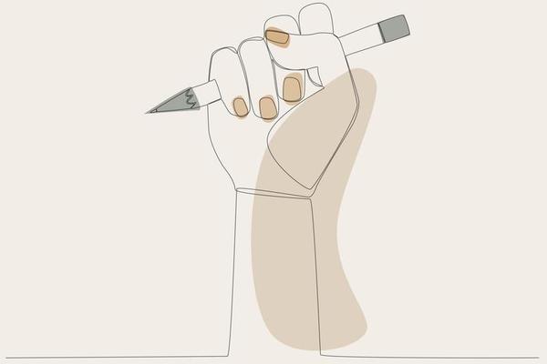 A hand-holding pen with a color design. World press freedom day one line illustration