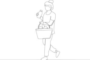 A mother holding a feeding bottle and a food basket vector