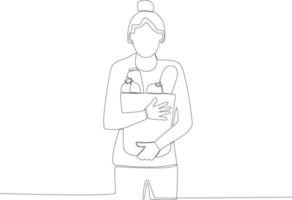 A woman holding a shopping bag filled with vegetables vector
