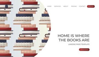 Landing page with reading pattern of stack of books. School books pile. World book day. Education book heap. Bookstore, bookshop, library, book lover, bibliophile, education for banner, website vector