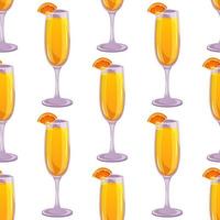 Seamless pattern of mimosa classic cocktail with orange. Italian aperitif cocktails. Alcoholic beverage for drinks bar menu. Beach Holidays, summer vacation, party, cafe bar, recreation. vector