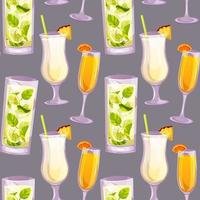 Seamless pattern with mojito, mimosa, pina colada classic cocktail. Italian aperitif cocktails. Alcoholic beverage for drinks bar menu. Beach Holidays, summer vacation, party, cafe bar, recreation. vector