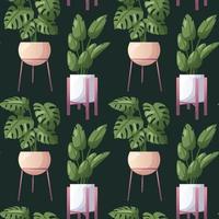 Seamless pattern with monstera houseplants with palm leaves in pot. Indoor house plant. Home garden, greenhouse, florarium, gardening, potted plant lover. Domestic store poster, banner, cover, card. vector