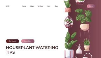 Landing page with collection of houseplants with water can. Indoor house plant. Home garden, greenhouse, florarium, gardening, potted plant lover. Domestic store poster, banner, cover, card. vector