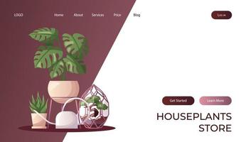 Landing page with collection of houseplants with water can. Indoor house plant. Home garden, greenhouse, florarium, gardening, potted plant lover. Domestic store poster, banner, cover, card. vector