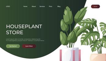 Landing page with monstera houseplants with palm leaves in pot.Indoor house plant. Home garden, greenhouse, florarium, gardening, potted plant lover. Domestic store poster, banner, cover, card. vector