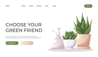 Landing page with collection of houseplants with water spray. Indoor house plant. Home garden, greenhouse, florarium, gardening, potted plant lover. Domestic store poster, banner, cover, card. vector